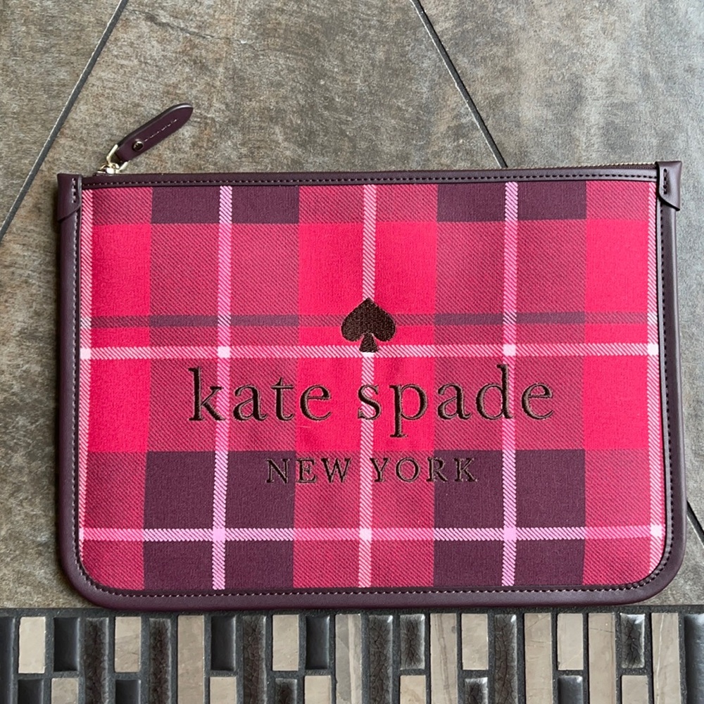 Kate Spade Ella Plaid Bright Rose Large Zip Pouch Clutch - Picture 1 of 16